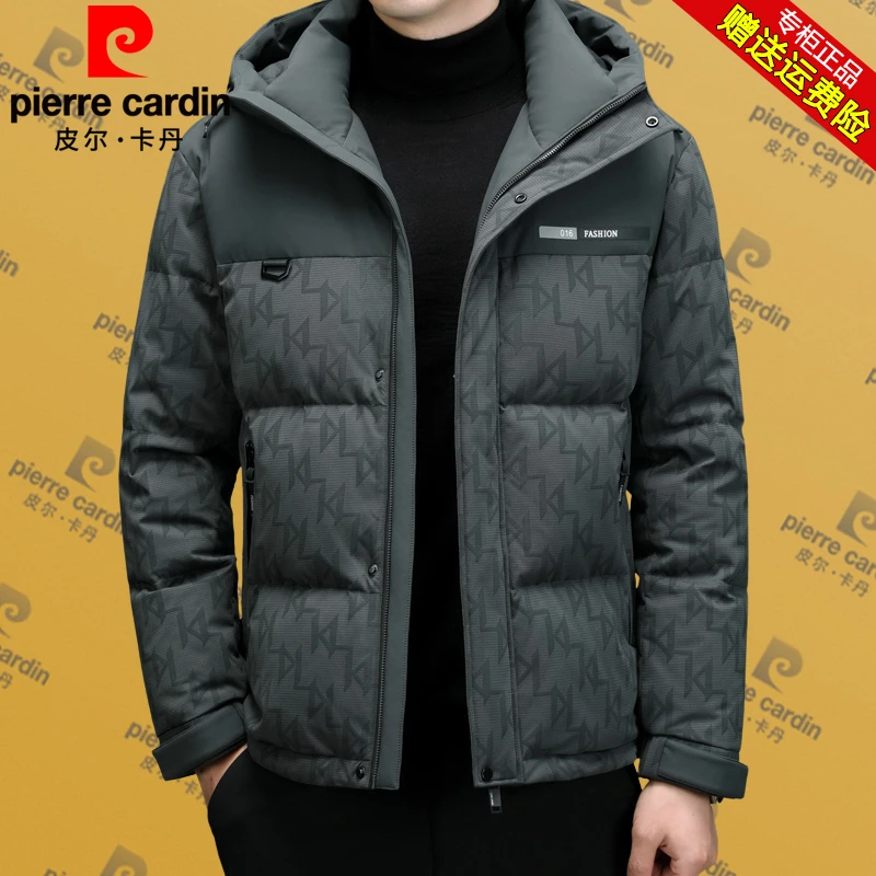 皮尔卡丹男士连帽羽绒服短款冬季新款保暖印花面包服中青年外套潮