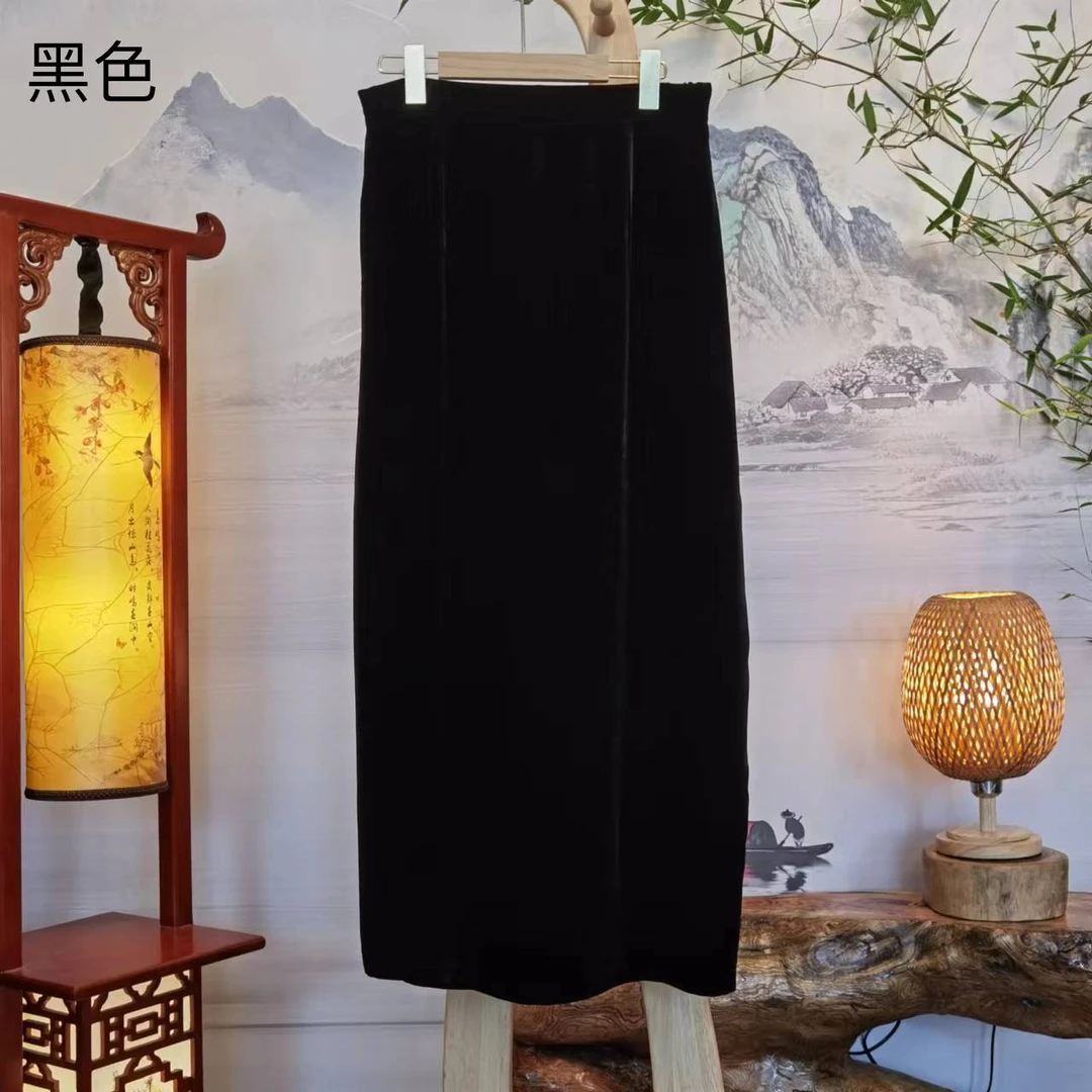 富美国风黑色桑蚕丝半身裙F9886女士a字小裙摆