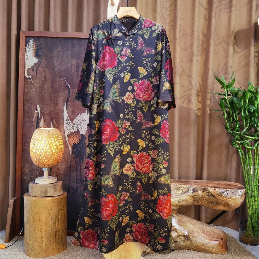 富美国风香云纱连衣裙F8116红牡丹