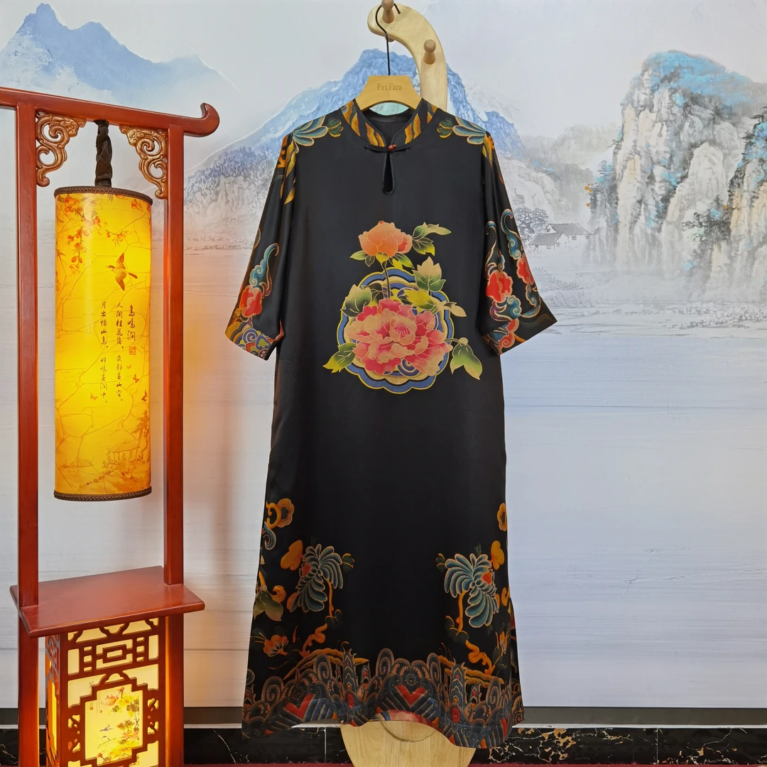 富美国风香云纱连衣裙F7751牡丹大定位