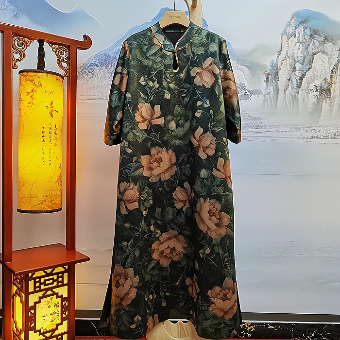 富美国风香云纱连衣裙F8837绿牡丹70姆