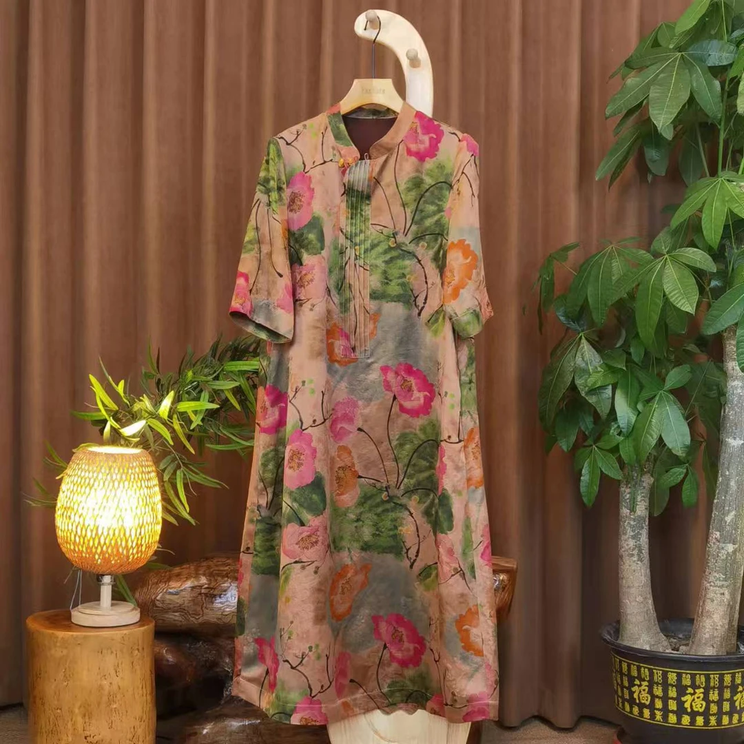 富美国风香云纱连衣裙F6693水墨粉牡丹