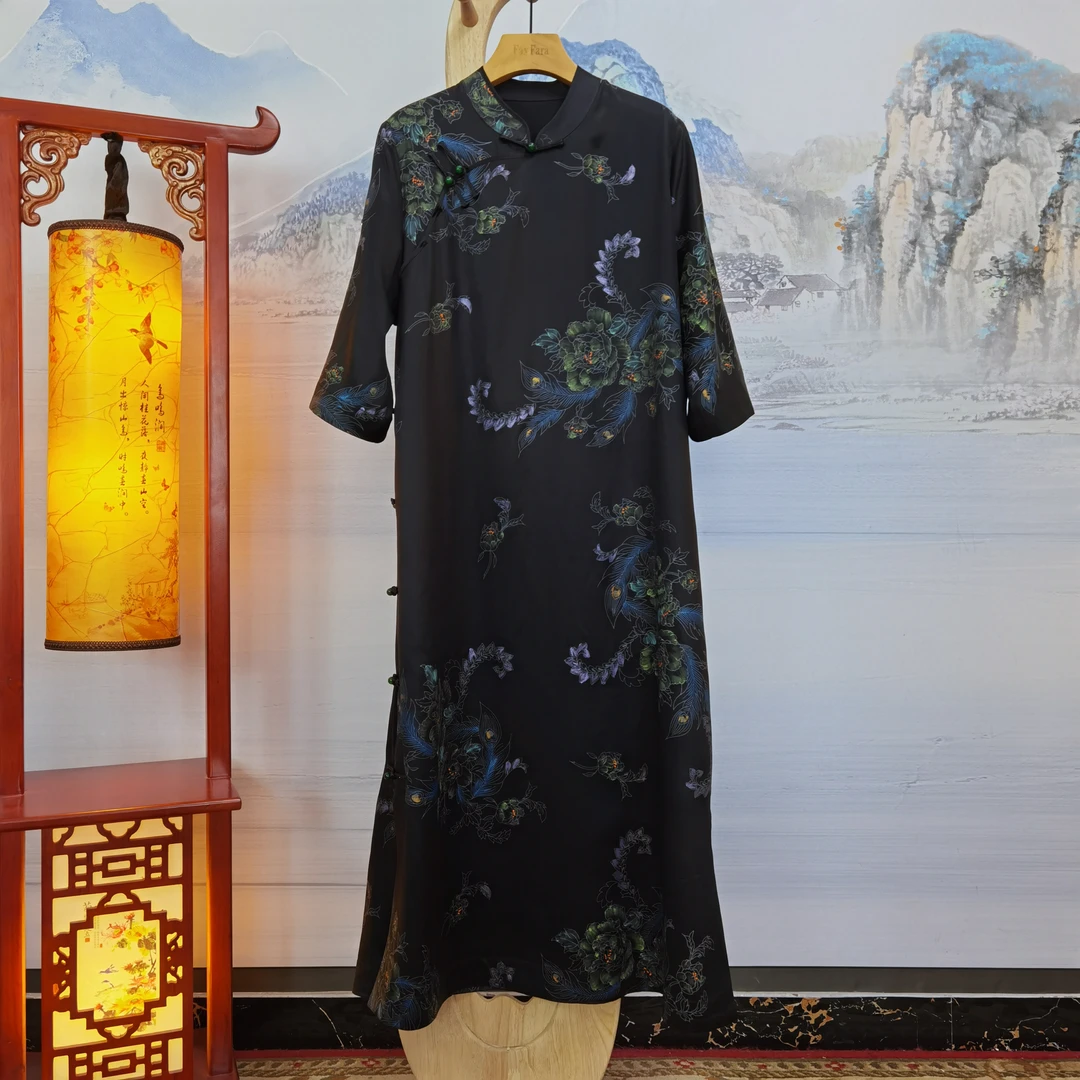富美国风香云纱连衣裙F8863手绘绿牡丹