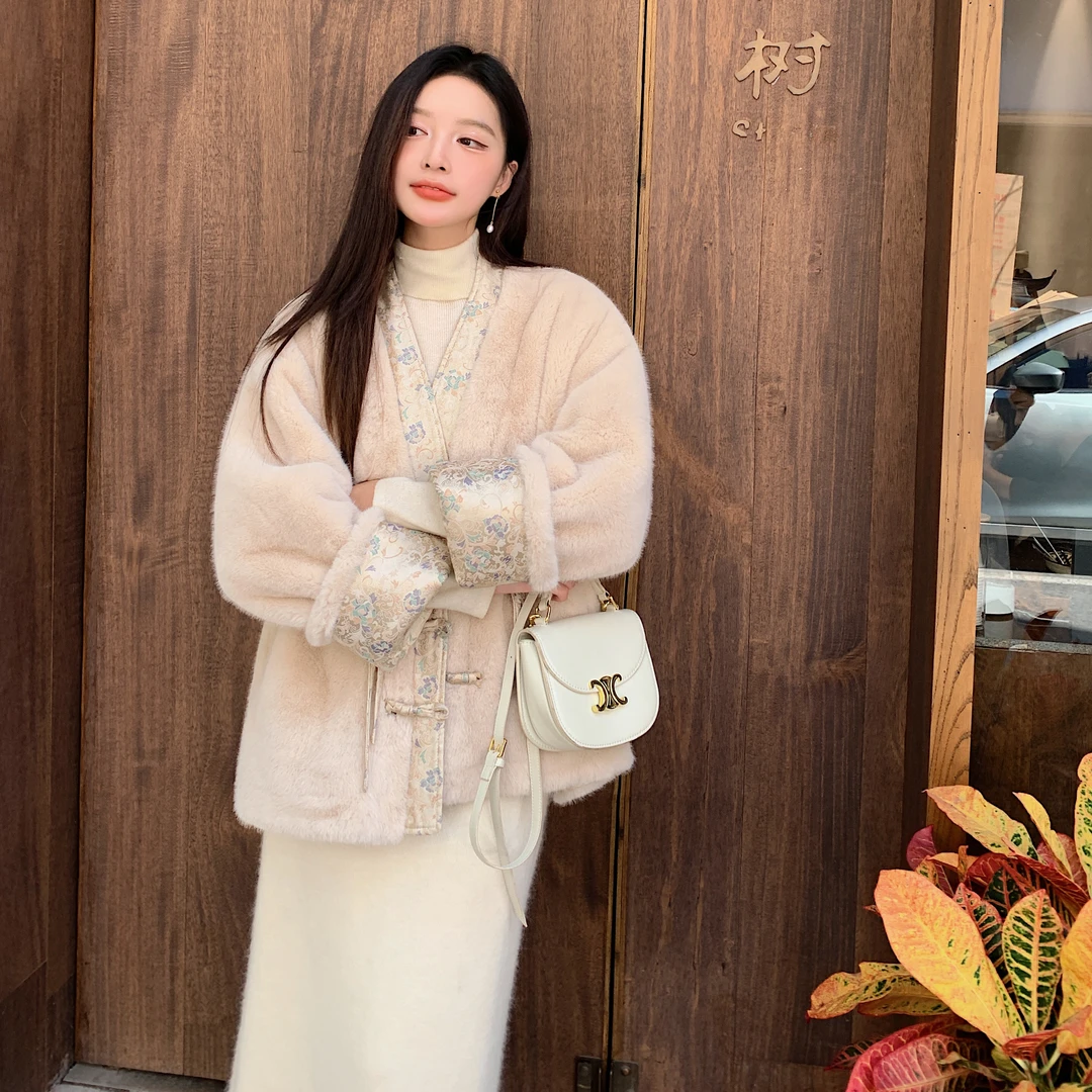 【国韵风】毛毛外套女秋冬新款中式毛绒上衣大衣中长款盘扣高级款