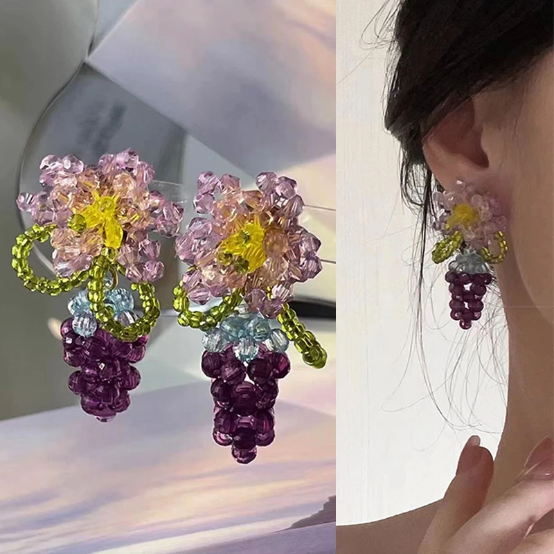 钛钢仿水晶耳饰 甜美925银耳钉女新款紫色葡萄水晶珠花朵少女气质