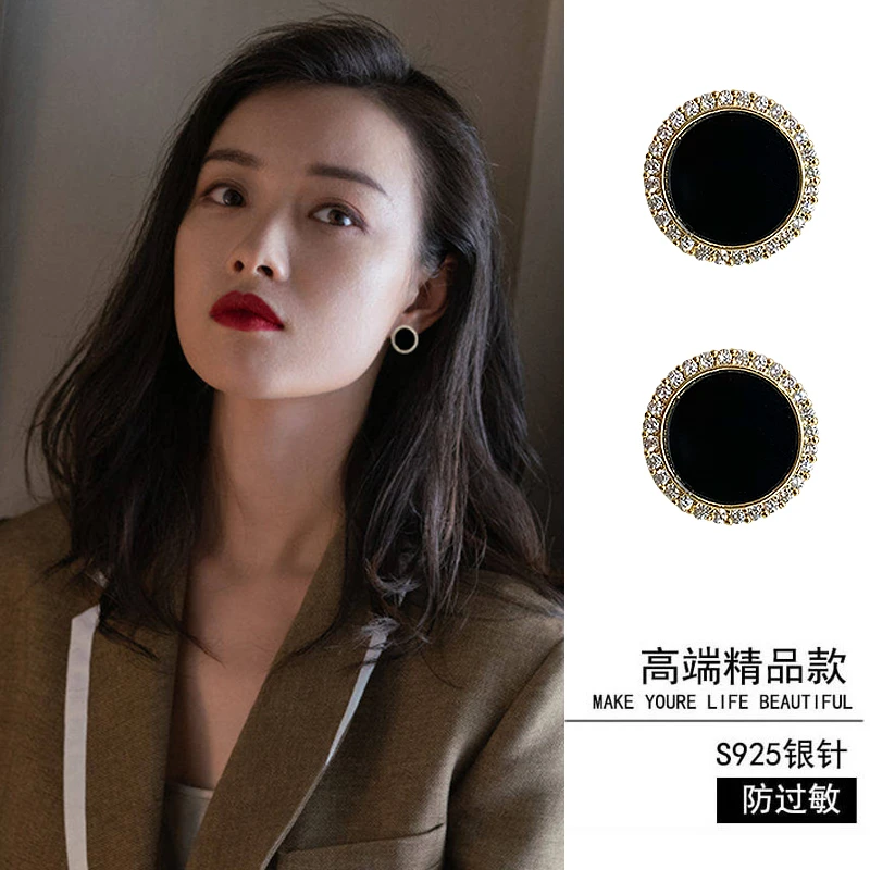 铜合金莫桑石耳饰 轻奢耳环女925银针黑色复古耳夹无耳洞气质耳钉
