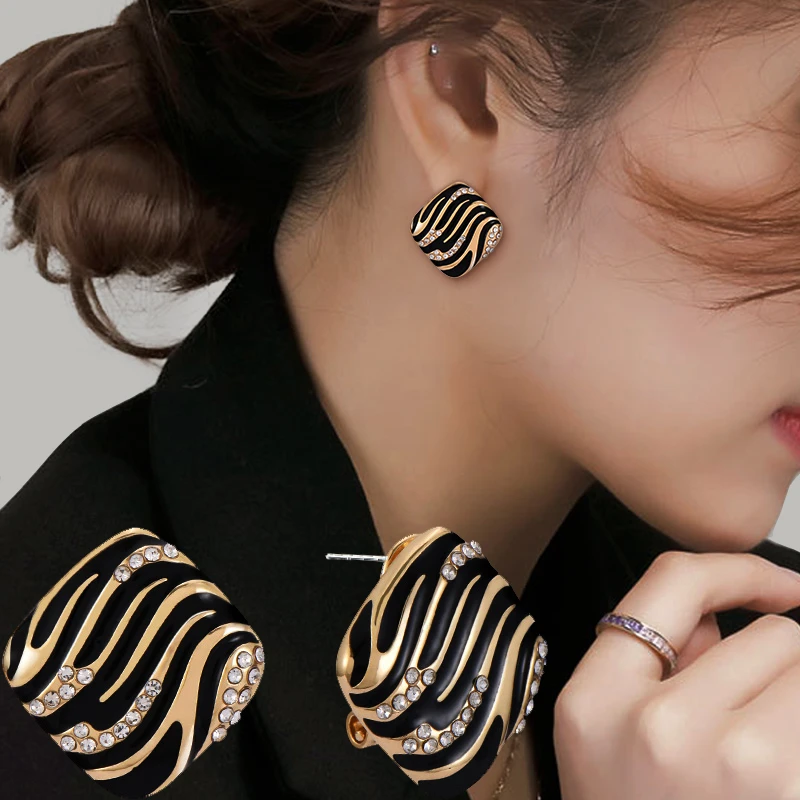 铜合金合成锆石耳饰 欧美耳钉豹纹时尚气质耳环女s个性小众设计感