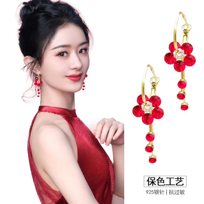 铜合金莫桑石耳饰 S925银红色花朵锆石耳环2025年镶钻百搭耳坠女