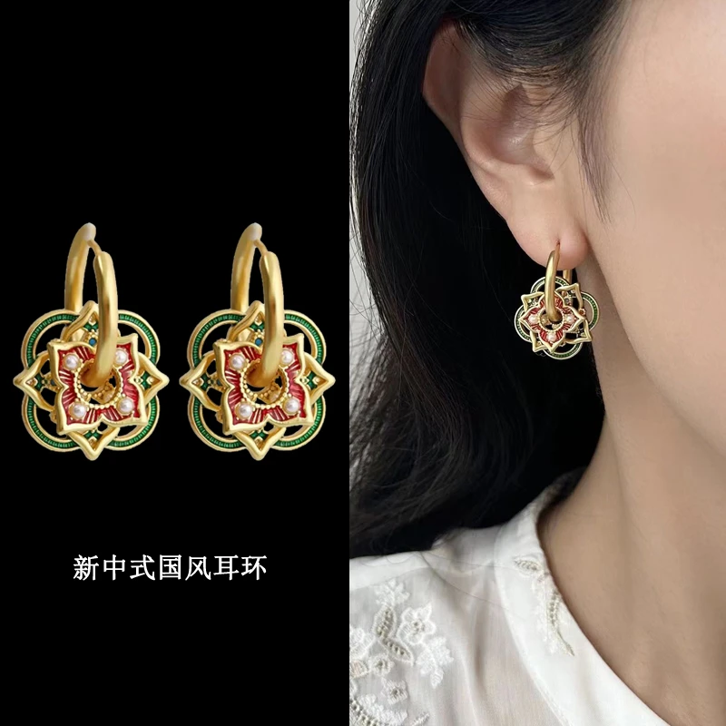 铜合金珐琅耳饰 新中式复古国风耳环女轻奢高级感气质925银针耳钉