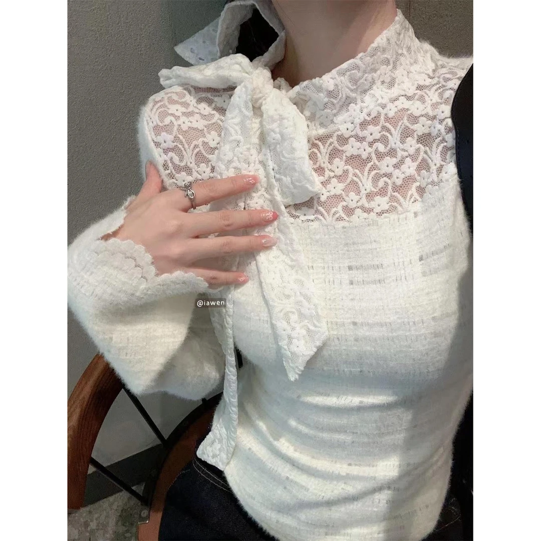 【留洋千金蕾丝T恤】冬季法式设计感气质修身纯欲蝴蝶结飘带上衣潮