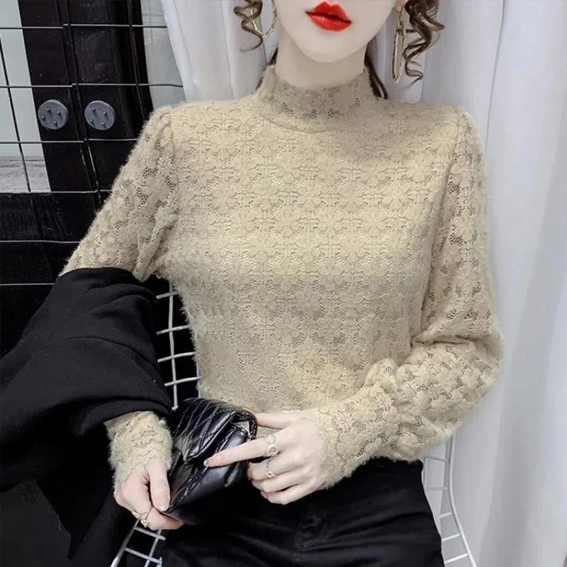半高领加绒加厚蕾丝衫女打底洋气内搭小衫2025秋冬款时尚气质上衣