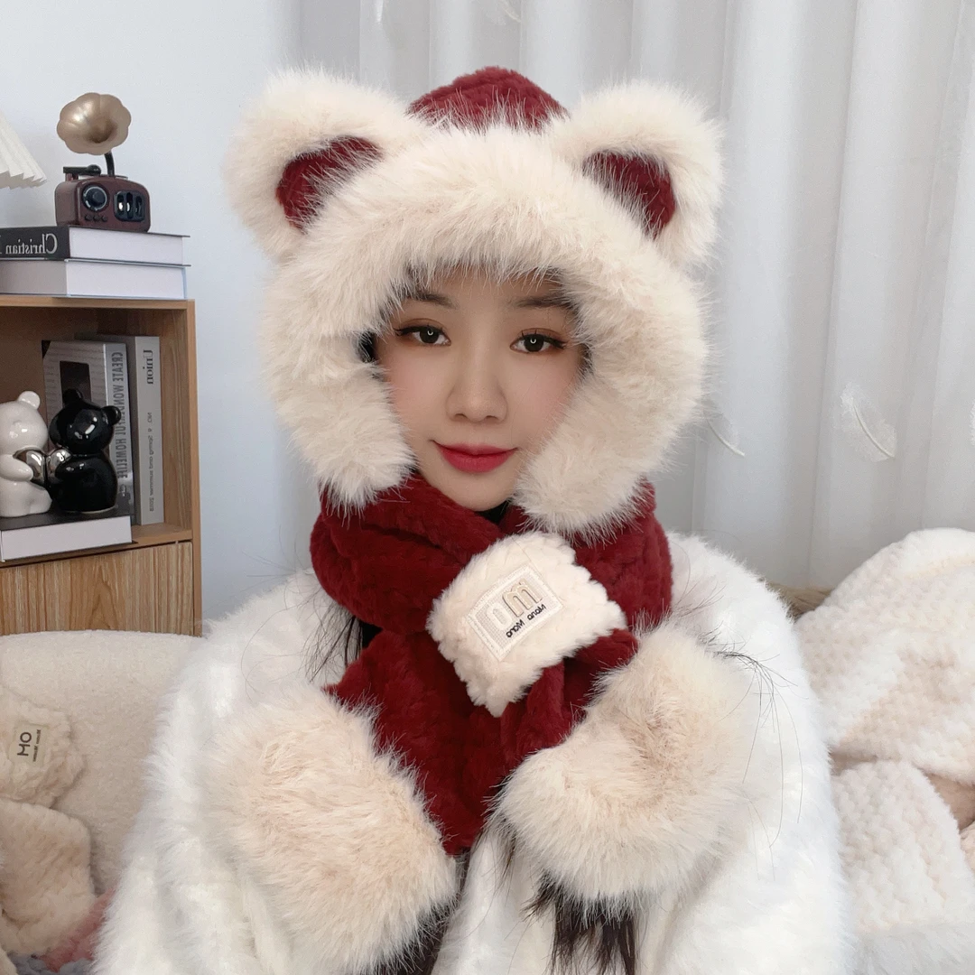 2024新款冬季大耳朵毛绒绒小熊帽骑车护脖一体毛绒帽加绒加厚保暖