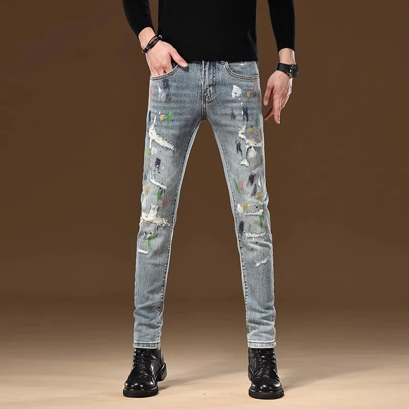 2024秋冬新款潮流破洞高端男士牛仔裤男弹力修身小脚潮牌泼墨长裤