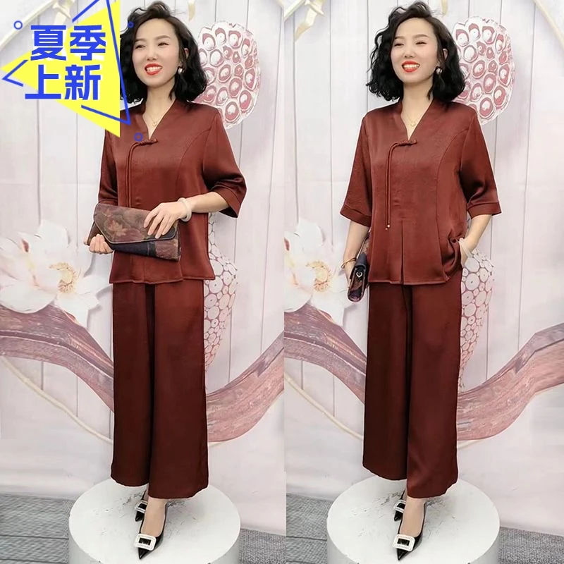 H夏季新款高档桑蚕丝V领上衣阔腿裤两件套中老年妈妈装新中式时尚