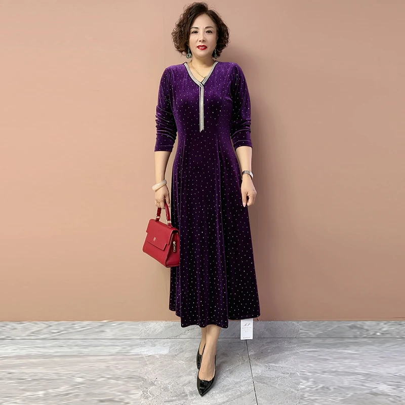 H秋款女装中老年妈妈丝绒连衣裙女款气质服装时尚潮流百搭精品洋
