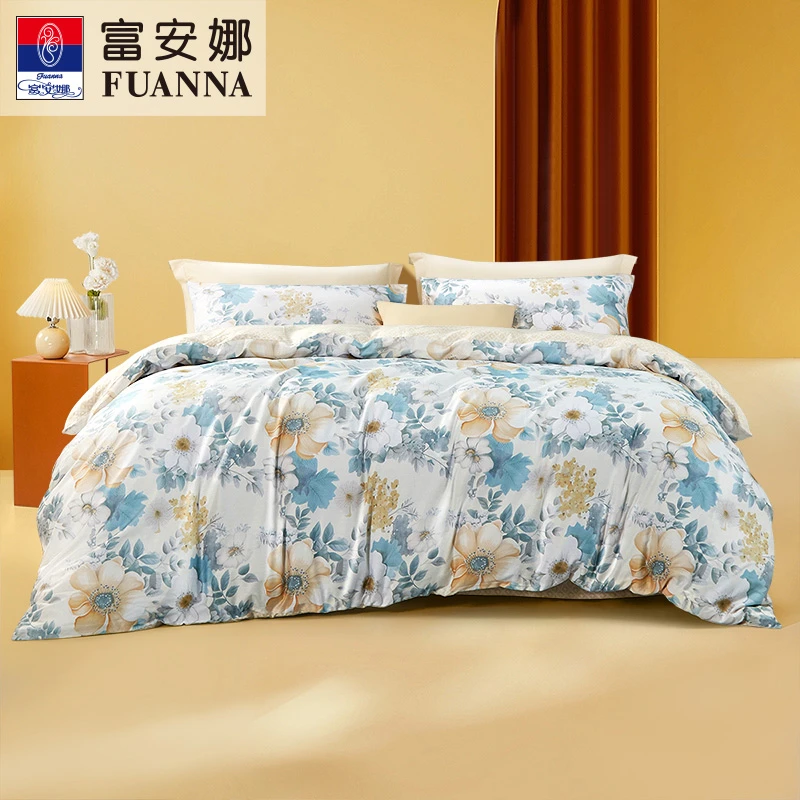 富安娜家纺小清新亲肤纯棉100%全棉斜纹印花四季款法式床单四件套