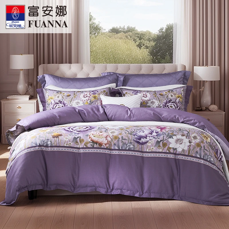 富安娜亲肤纯棉全棉自然清新数码田园风印花被套床单四件套广日秋