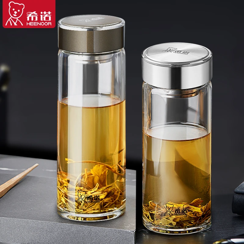 希诺玻璃杯单层加厚带滤网大容量高档泡茶杯子男透明便携水杯正品