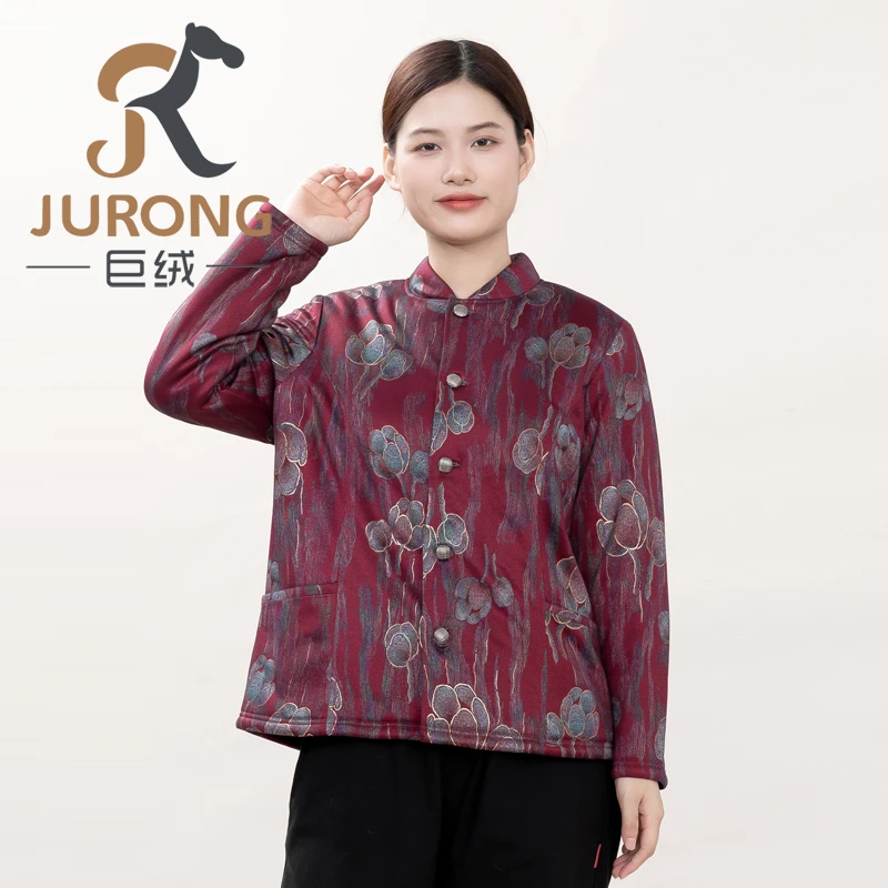 女士中老年休闲印花加厚加绒立领高档驼绒上衣宽松拉链驼毛棉袄冬