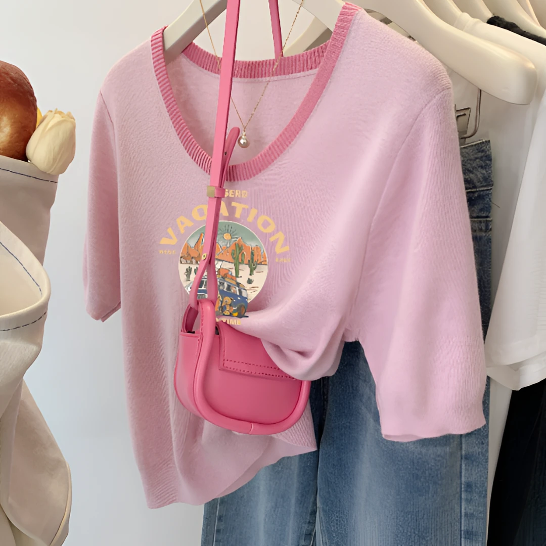 冰丝针织衫短袖t恤女装夏季2024年新款正肩u领甜辣妹洋气减龄上衣