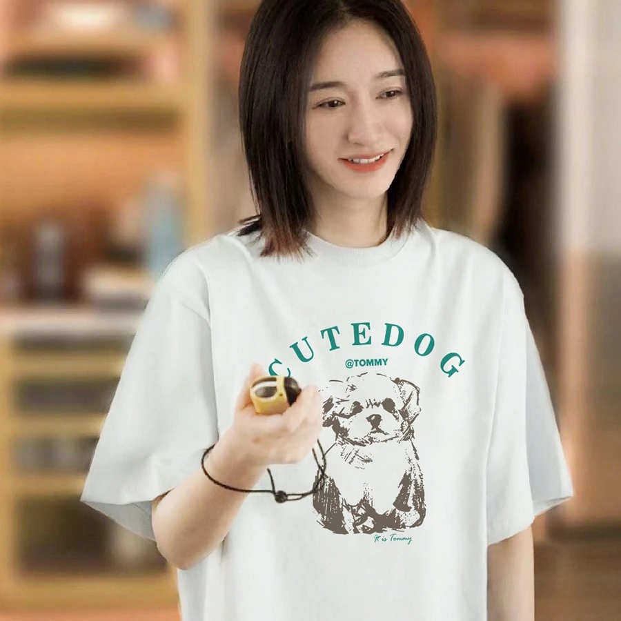 庆余年李小冉同款复古手绘小狗印花t恤短袖女夏季宽松慵懒风上衣