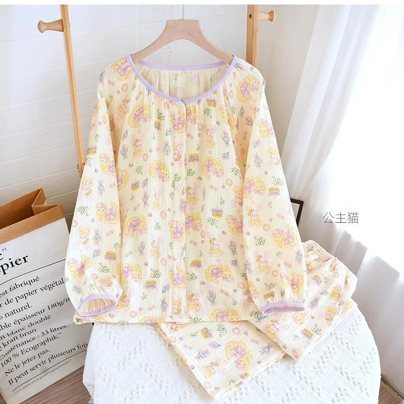 纯棉纱布睡衣女款春夏秋季长袖长裤套装小碎花泡泡棉甜美家居服