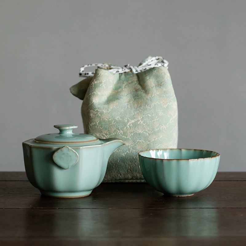 汝瓷旅行茶具个人快客杯一壶一杯手抓壶泡茶壶轻奢便携式套装礼品