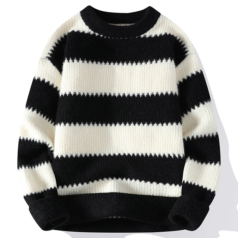 秋冬新品高端条纹针织衫时尚百搭圆领青少年款毛衣潮流保暖休闲
