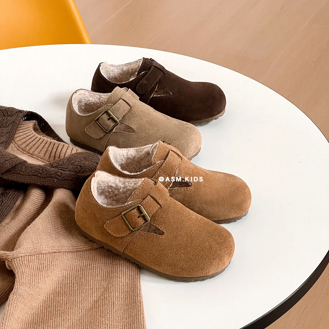 真皮加绒2023冬季儿童勃肯鞋韩版女童软底保暖毛毛鞋男童棉鞋