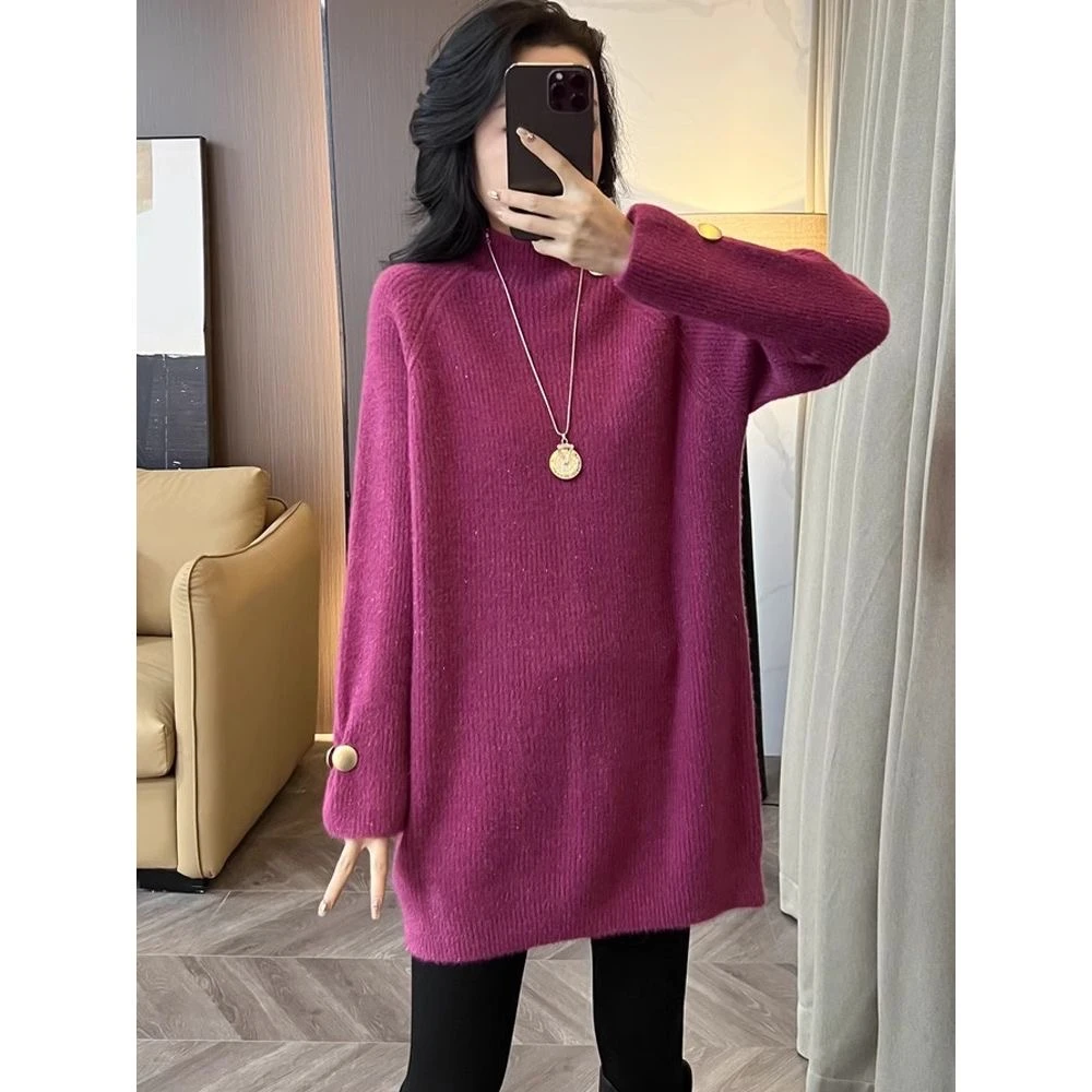 高级感半高领针织遮臀打底衫女秋冬慵懒风宽松时尚纽扣毛衣中长款