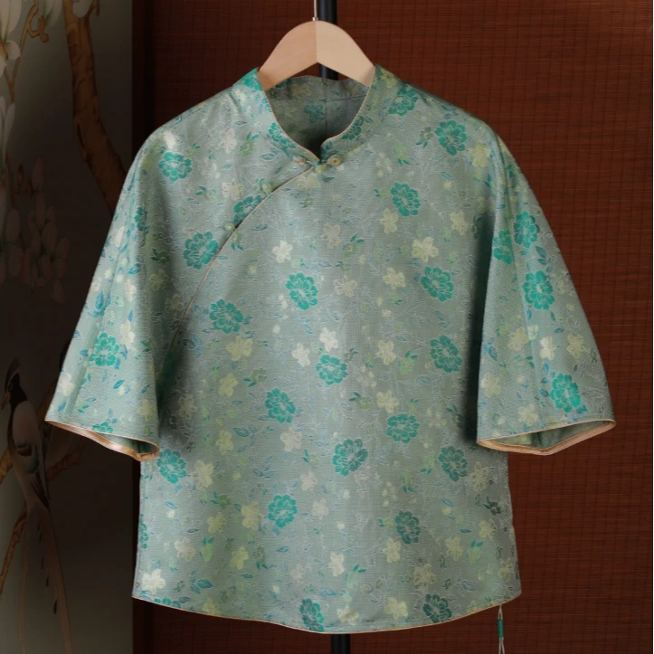 潘 蓝色小花宋锦短袖 209324