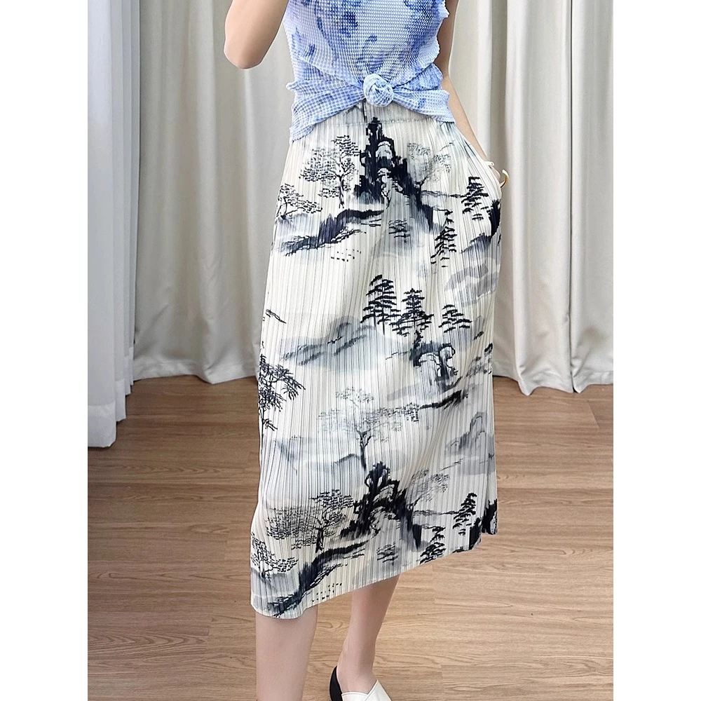 三宅褶皱裙中国风水墨画印花高腰复古高级感气质半身裙夏季直筒裙