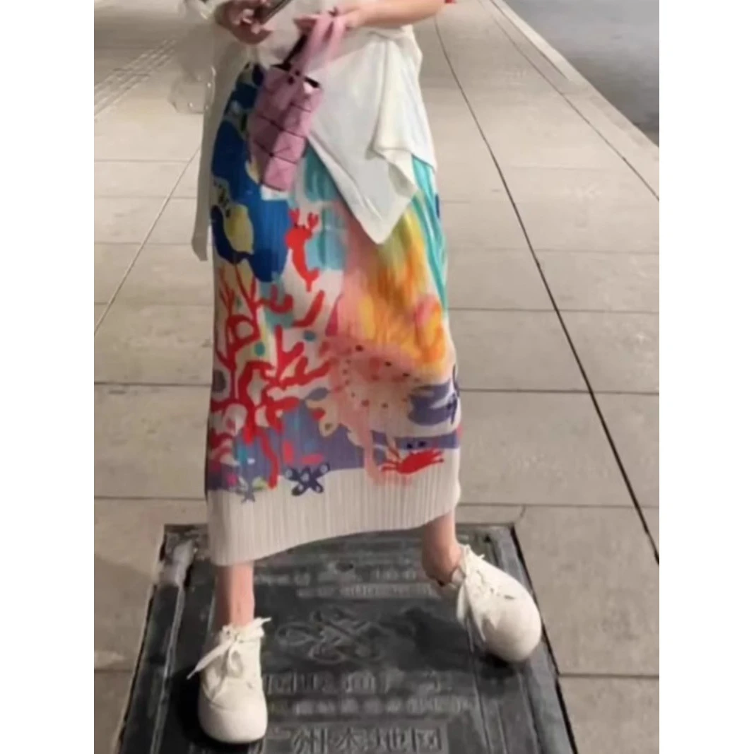 2024新款夏季时尚复古褶皱高腰显瘦百搭高级感印花a字半身裙