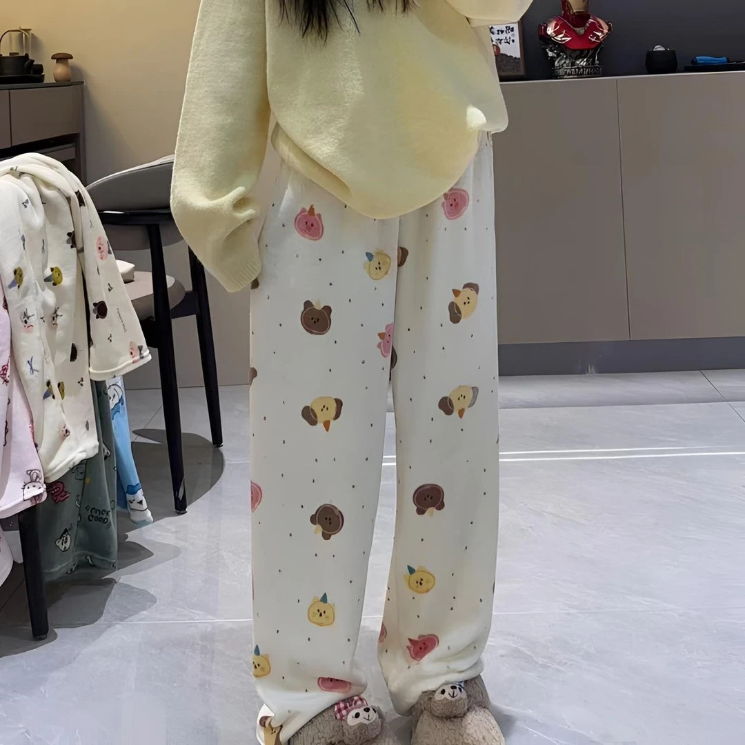 法兰绒卡通睡裤女秋冬季家居裤可爱简约舒适保暖加绒加厚睡裤外穿