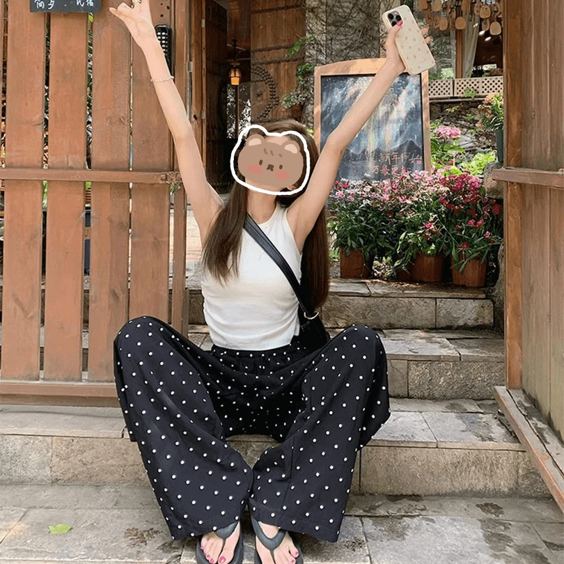 黑色波点阔腿裤长裤女款夏季2024新款宽松大码休闲裤可外穿睡裤子