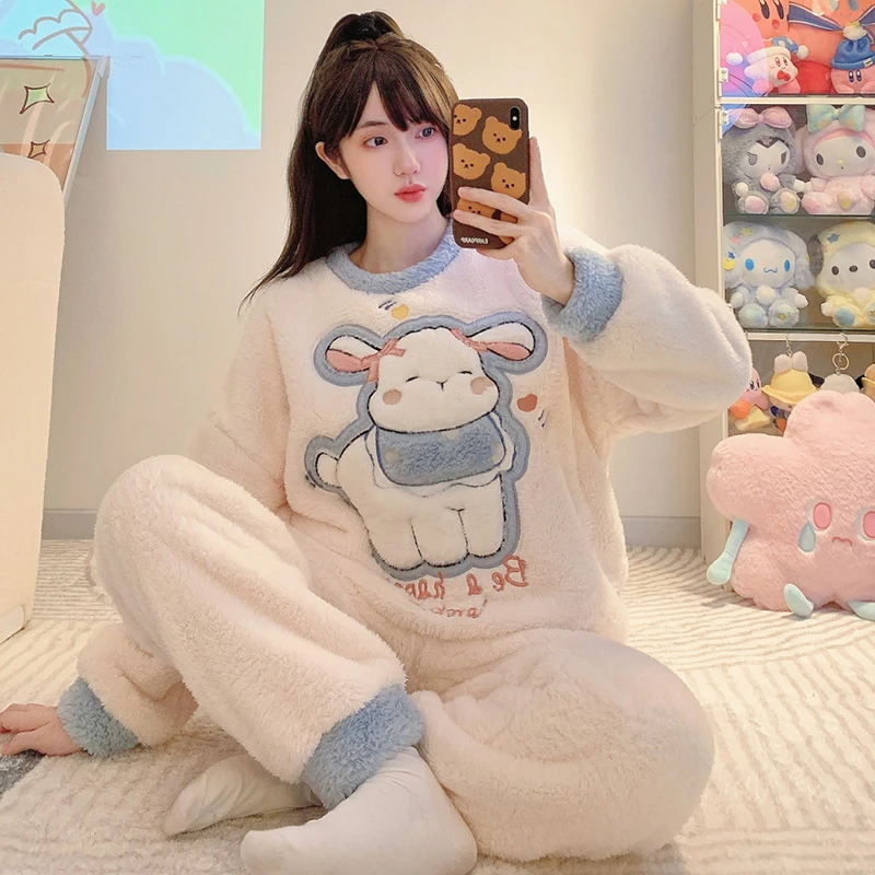 珊瑚绒睡衣女秋冬季加厚保暖可爱法兰绒卡通家居服两件套装小羊