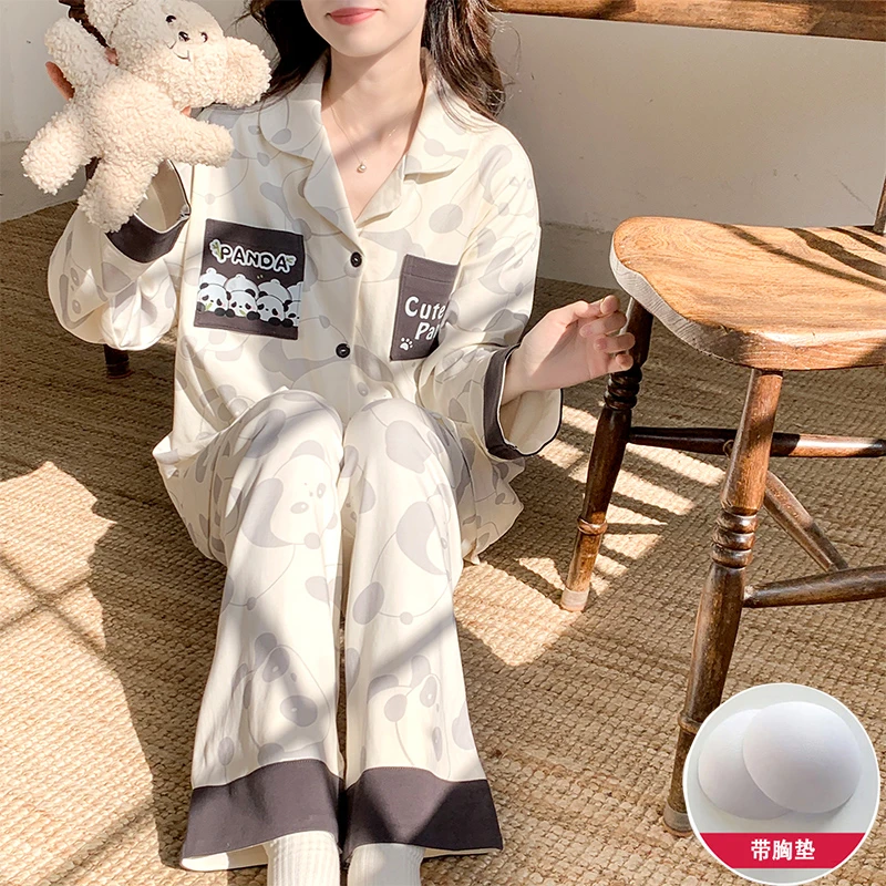 带胸垫睡衣女春秋季薄款长袖棉质套装可爱外穿家居服网红爆款熊猫