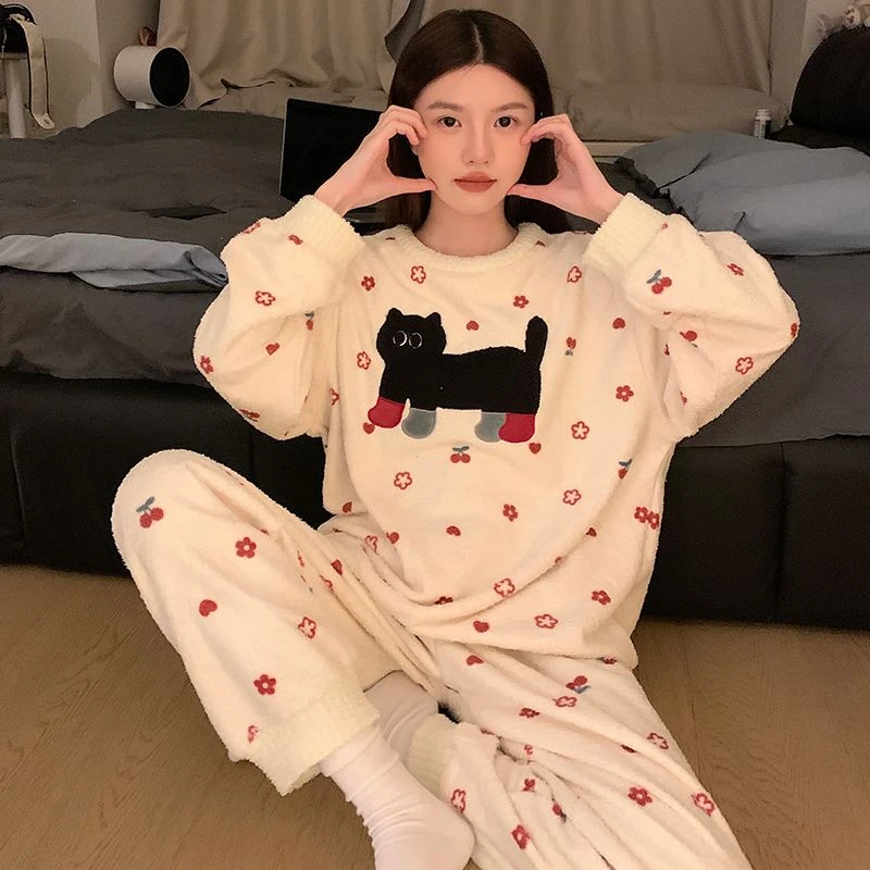 珊瑚绒睡衣女春秋冬季保暖加厚套装2024新款半边绒家居服可爱小猫