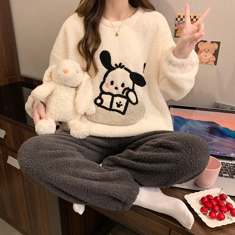 珊瑚绒睡衣女秋冬季加厚保暖可爱法兰绒春秋家居服公主风套装小狗