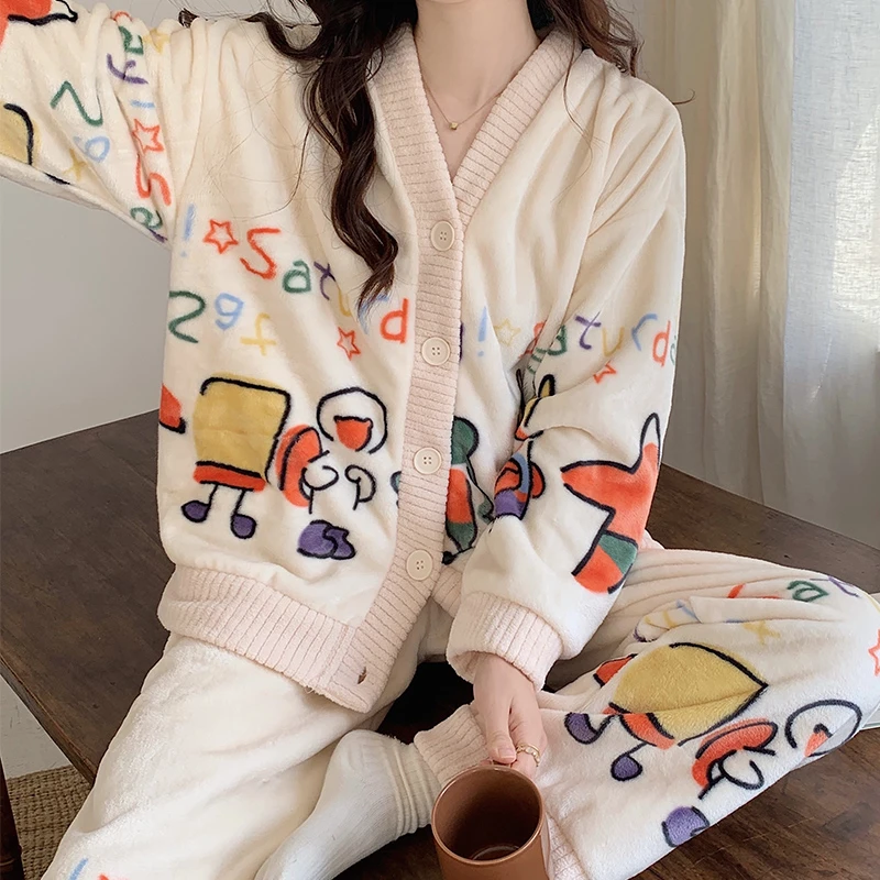 『Apple』秋冬季珊瑚绒睡衣女加厚保暖可爱甜美开衫春秋家居服套装