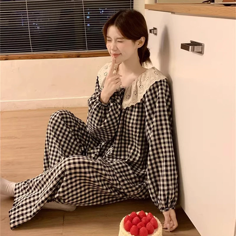 睡衣女款春秋冬季长袖2024新款韩版可爱家居服公主风两件套装格子