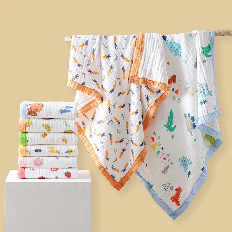 6层纯棉纱布宽边浴巾盖毯柔软吸水高密a类家用婴幼儿