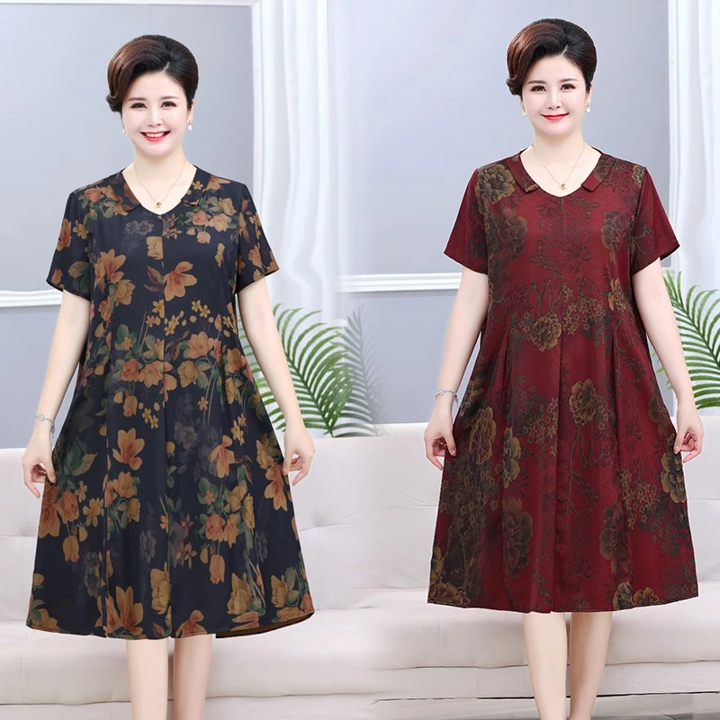 中老年连衣裙夏季新款短袖加肥大码220斤胖妈妈装中长款遮肚裙子
