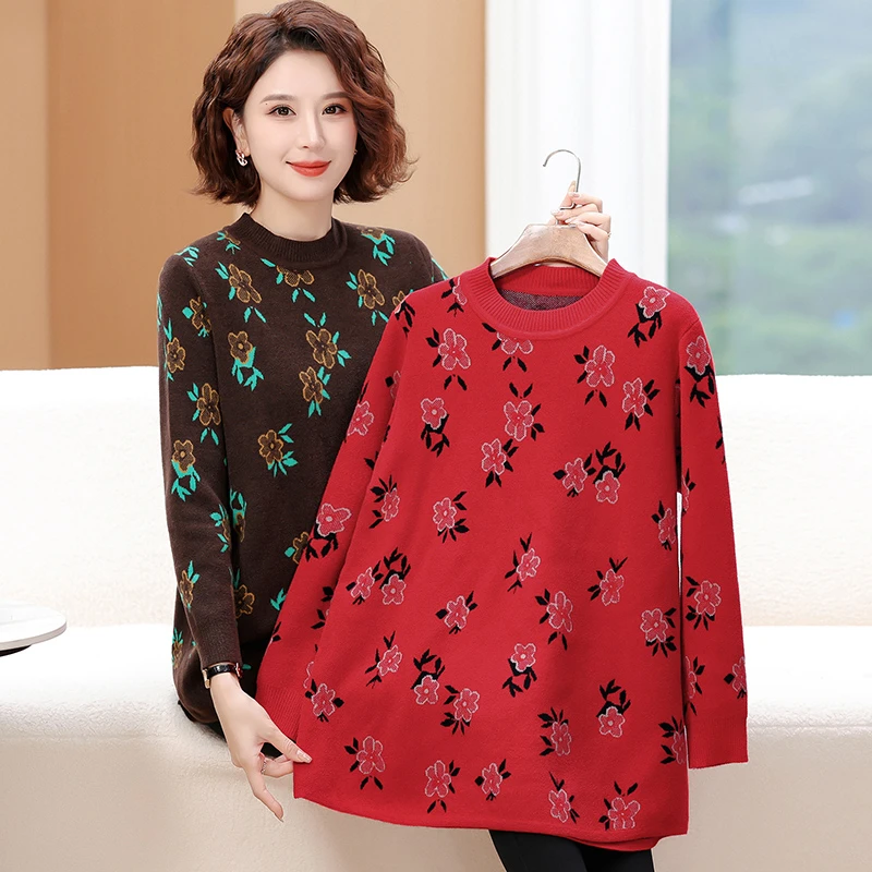 100斤-220斤特大码妈妈装中老年加绒保暖圆领秋冬保暖宽松针织衫