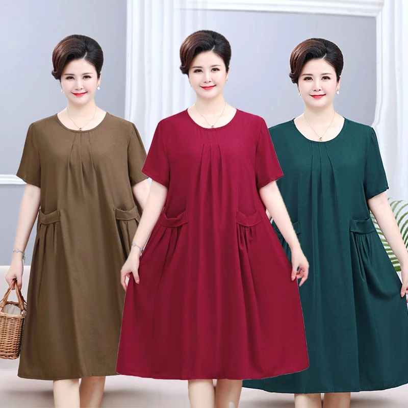 130斤-248斤特大码胖妈妈短袖连衣裙中老年夏季纯色绸缎面裙子