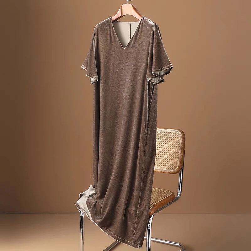 大码真丝绒短袖连衣裙2023年春秋新款系带高端桑蚕丝短袖连衣裙女