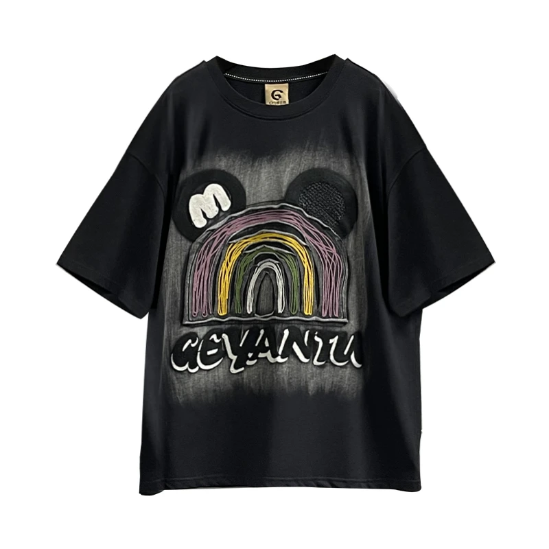 【GEYATU】夏季T恤时尚休闲百搭宽松潮流印花圆领重工ins设计感490