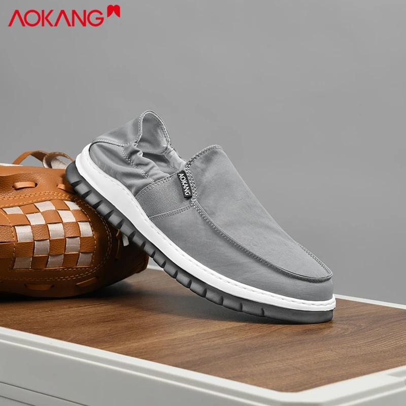 奥康男鞋春季透气开车休闲板鞋男士懒人轻便一脚蹬防滑耐磨帆布鞋