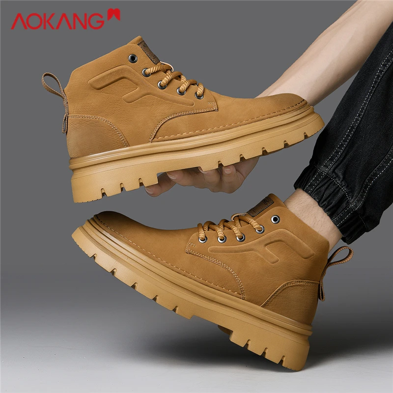 Aokang/奥康2025春季休闲复古大黄靴男士时尚百搭增高高帮马丁靴