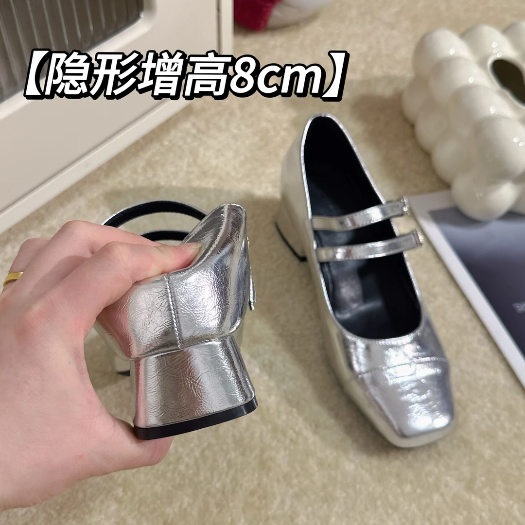 隐形增高8CM~银色玛丽珍高跟鞋2024年夏季新款晚晚风温柔单鞋女